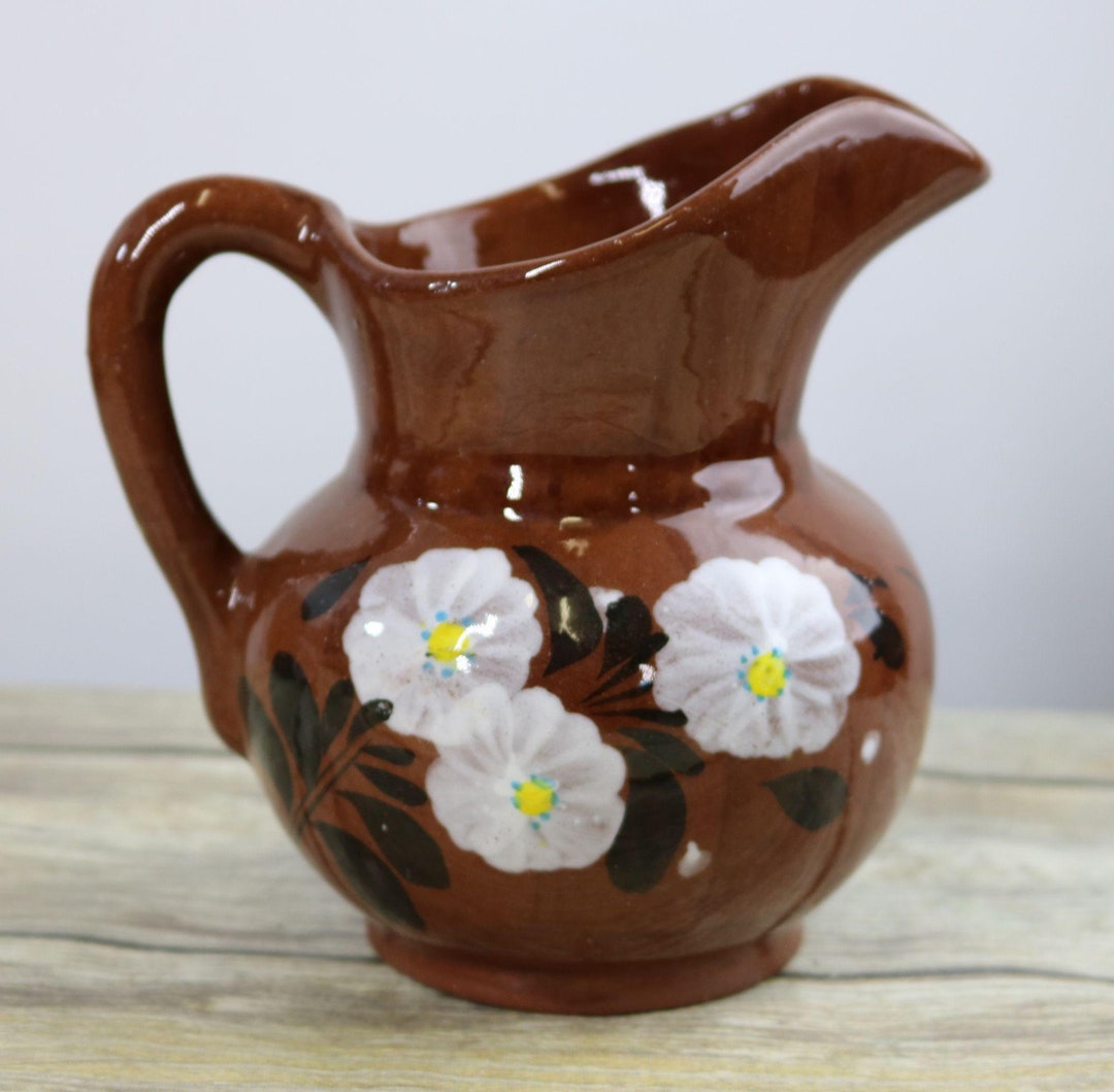 Vintage Brown Pitcher Pottery Hand Painted Flowers Floral Etsy
