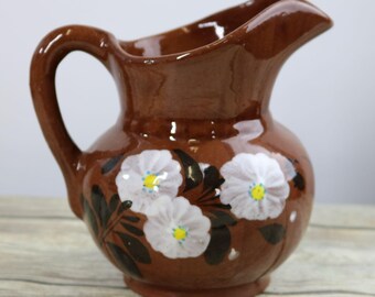 Vintage Brown Pitcher Pottery Hand Painted Flowers Floral Neutral Tan Farmhouse Decor