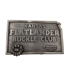 Kansas Flatlander Belt Buckle Club 1987 KS Words First Wichita KS Vintage