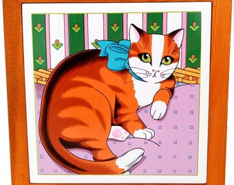 Cat Art Tile Trivet Ceramic Wall Hanging 1980s Retro Home Decor Grandmacore