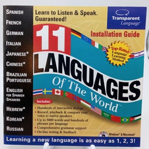 May include: A square, colourful book cover titled "11 Languages of the World" with the Transparent Language logo. The cover includes flags, and the text "Learn to Listen & Speak. Guaranteed!" and "Installation Guide". The cover also lists features.