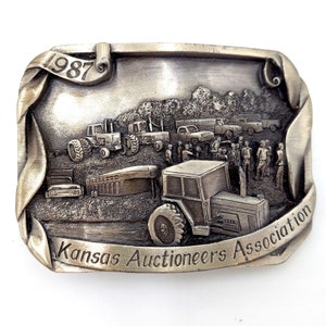 Kansas Auctioneers Belt Buckle Vintage 1987 Association Farm Consignment Tractor Cowboy Cattle