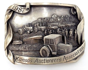 Kansas Auctioneers Belt Buckle Vintage 1987 Association Farm Consignment Tractor Cowboy Cattle