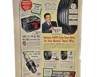 Vintage 1950 Western Auto Ad Davis Tires Wizard Batteries Chicken Illustration