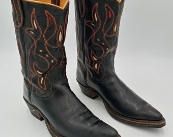 Vintage Acme Cowboy Boots Western Rockabilly 4.5 B Black Leather Gold Trim Cut Out Design
