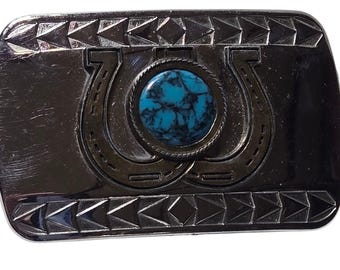 Western/Cowboy Hat/Horseshoe ~Turquoise Crushed Rock Inlay W/Silver Tone Buckle Vintage ~ Western/cowboy Hat/horseshoe/bird ~ Turquoise  main image 4