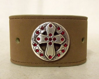 Leather Wrist Cuff Bracelet Red Rhinestone Silver Cross Boho Western Jewelry Reclaimed