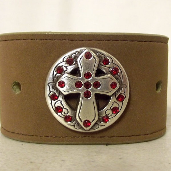 Leather Wrist Cuff Bracelet Red Rhinestone Silver Cross Boho Western Jewelry Reclaimed