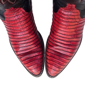 May include: A pair of cowboy boots featuring a red lizard skin vamp and a black leather shaft. The boots have pointed toes and a stitched welt. The leather has a textured appearance.