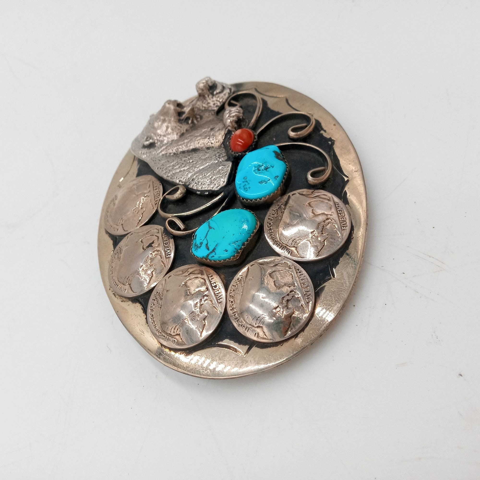 Grizzly Bear Buffalo Nickels Belt Buckle Turquoise Coral  display picture 1