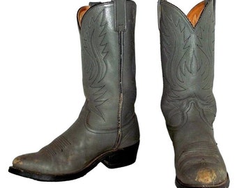 Vintage Cowboy Boots Mens 8.5 EE Extra Wide Width Gray Leather Western Rockabilly