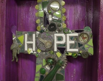 Assemblage Art Collage Cross Shrine Folk Purple Green Hope Is Key Mixed Media