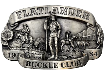 1984 Flatlander Belt Buckle Club Wichita Kansas Vintage KS Sunflower Horse Farmer