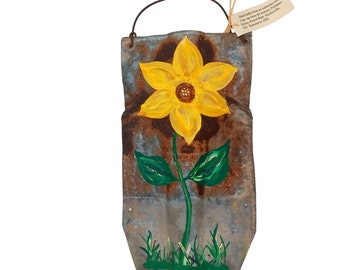 Prim Sunflower Folk Art Painting Roofing Tin From Round Barn In Mullinville Kansas