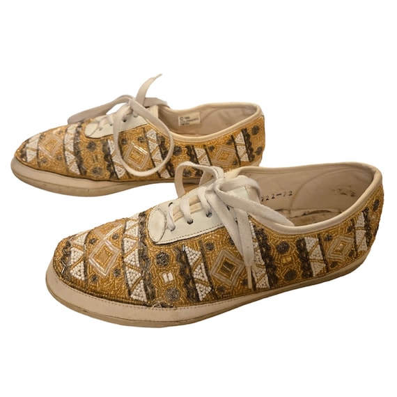 Vintage Beaded Sneakers Shoes Womens Size 9.5 M ColorWerks DISTRESSED Brown Tan Gold
