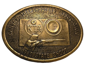 Kansas Trapshooters Belt Buckle Vintage 1980 KS State Shoot Trap Shooters