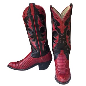 May include: A pair of cowboy boots in red and black. The boots have a pointed toe and a stacked heel. The shaft of the boots features a decorative pattern in red and black.