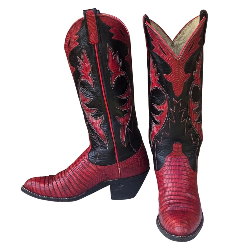 May include: A pair of cowboy boots in red and black. The boots have a pointed toe and a stacked heel. The shaft of the boots features a decorative pattern in red and black.
