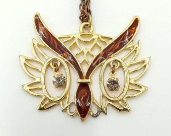 Vintage Owl Necklace Gold Tone Rhinestone Dangle Eyes Retro Jewelry