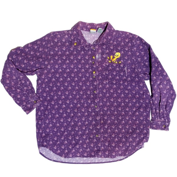 Looney Tunes Tweety Bird  Button Up Blouse Long Sleeve 18 20 W Purple READ