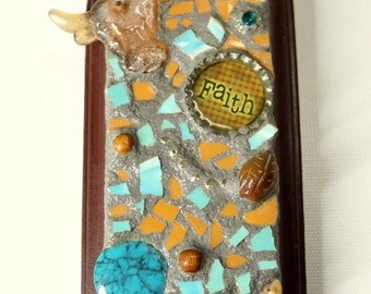 Western Faith Mosaic Art Blue Brown Longhorn Cow Glass Found Object Folk Small