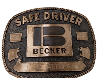 Becker Trucker Belt Buckle 1989 Safe Driver Trophy Award 1Year Vintage Western Wear