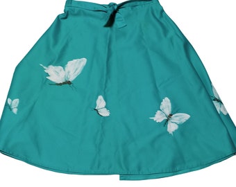 Vintage Wrap Around Turquoise Skirt Handmade Butterflies OOAK Butterfly 1970s Retro