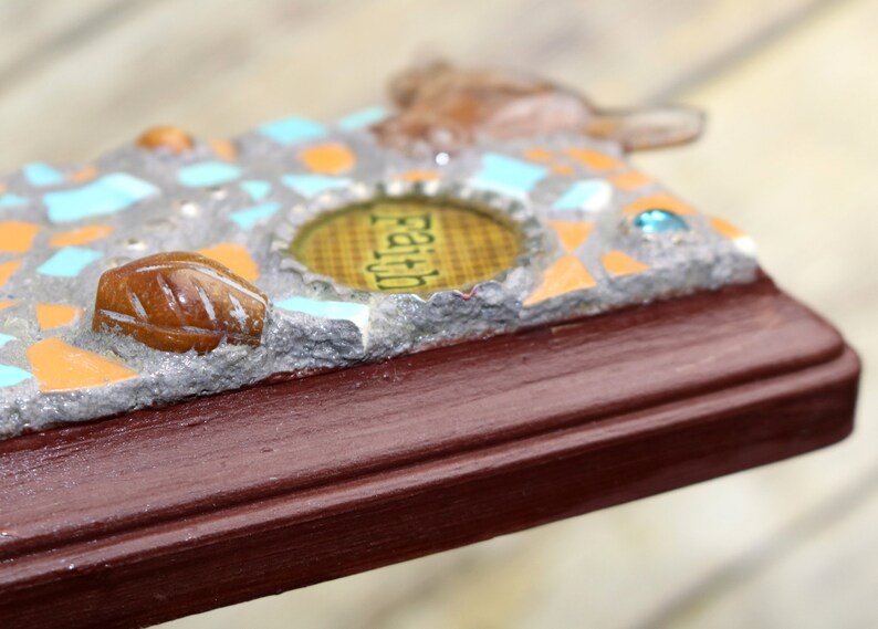 Western Faith Mosaic Art Blue Brown Longhorn Cow Glass Found Object Folk Small