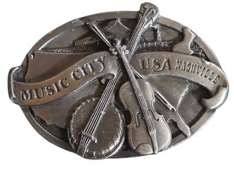 Fibbia per cintura Music City USA Nashville Tennessee Banjo Violino 1984 Western Cowboy