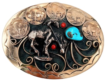 End Of The Trail Buffalo Nickels Belt Buckle Turquoise Coral Western Rockabilly Biker Vintage