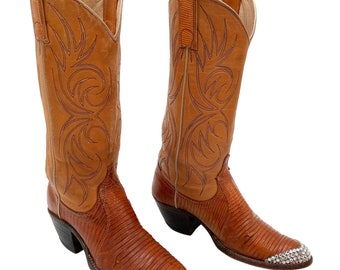 Dan Post Ladies Cowboy Boots Size 5 C Custom Altered Lizard Exotic Tan Brown Vintage