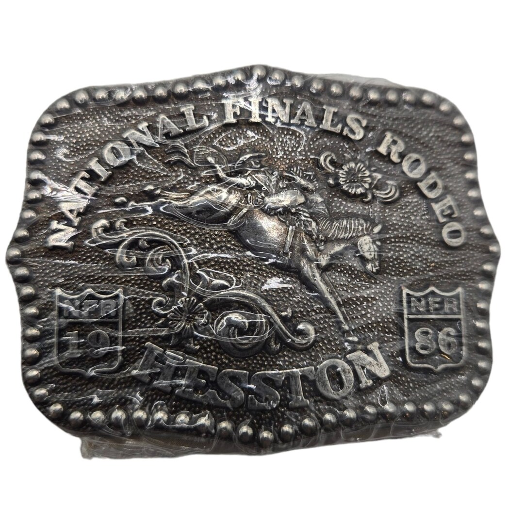 1986 NFR Rodeo Kids Belt Buckle Bronc Rider Hesston Small Cowboy ...