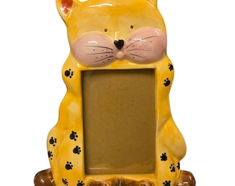 Yellow Cat Ceramic Picture Frame With Paw Print Design Tabby Kitty