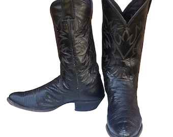 Vintage Justin Cowboy Boots Black Leather Lizard Womens 8.5 B Made in USA