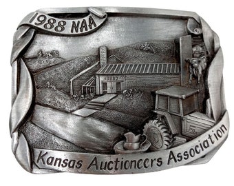 Kansas Auctioneer Belt Buckle Vintage 1988 Auction Tractor Farm KS Collectible