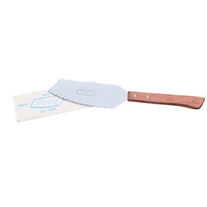 May include: A stainless steel pie server with a serrated edge and a wooden handle. The server has the brand name "Hussman" printed on the blade. A small paper card with the words "Scrapes, Slice, Cut, Serve" is next to the server.