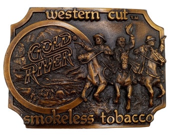 Gold River Belt Buckle Western Cut Smokeless Tobacco Cowboy Horse 1982 Western