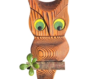 Carved Wooden Owl Wall Decor Green Eyes MCM Rustic Folk Art Woodland Cottagecore