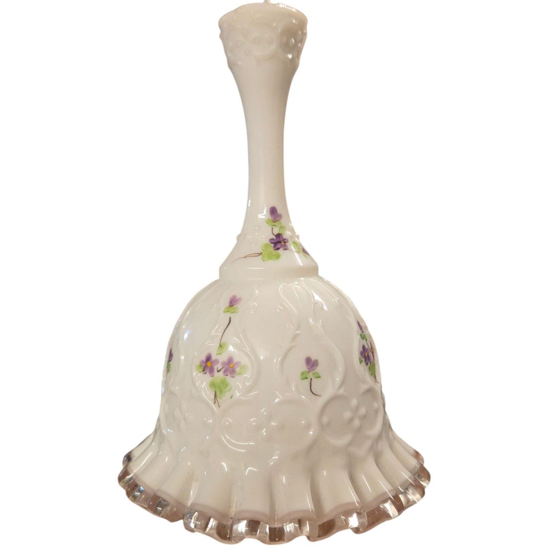 Fenton Bell Hand Painted Violets in the Snow Spanish Lace Milk Silver ...