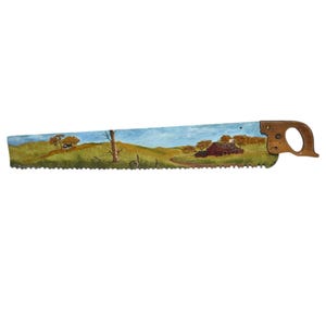 Antique Hand Saw Folk Art Rustic Countryside Scene Hand Painted Wall Decor