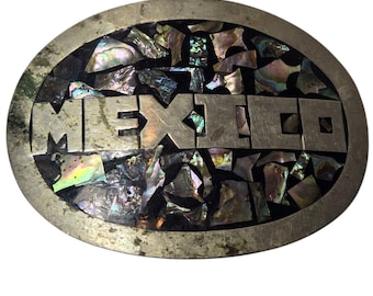 Mexico Abalone Shell Belt Buckle Vintage Western Cowboy Rodeo Country
