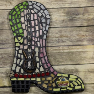 Cowboy Boot Mosaic Oklahoma Wall Art Reclaimed Mixed Media LARGE Horseshoe Spur