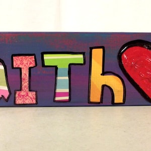 Colorful Mixed Media FAITH Wood Shelf Sitter Heart Stripes Purple Pink Folk Art