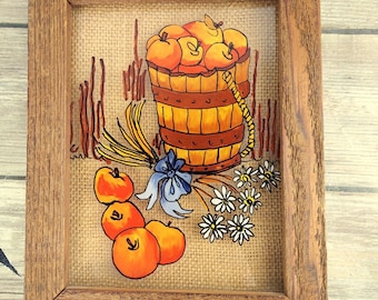 Apple Basket Reverse Painting Wood Frame Vintage Country Farmhouse Kitchen Decor