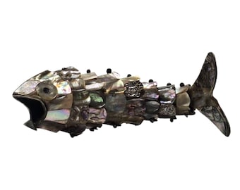 Vintage Articulated Fish Abalone Shell Bottle Opener 6 Inch Sculpture 1960s