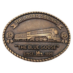 Railroad Savings Belt Buckle 1986 Vintage Blue Goose Santa Fe Train Engine Locomotive