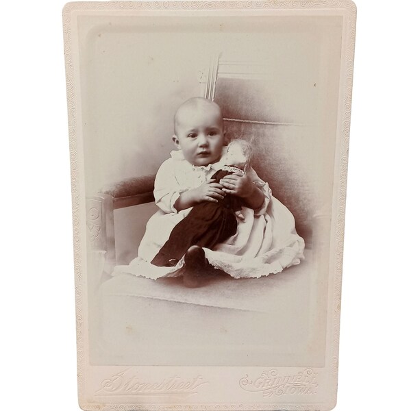 Baby Infant Holding Doll Cabinet Card Antique Picture Photograph Grinnell Iowa