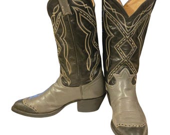 Vintage Tony Lama Cowboy Boots Herren 10 D Schwarz Grau Leder Flügelspitzen Western