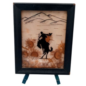 Antique Bronc Rider Cowboy Silhouette Pressed Flowers Wall Decor Western Ranch