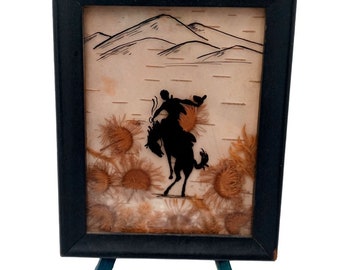 Antique Bronc Rider Cowboy Silhouette Pressed Flowers Wall Decor Western Ranch